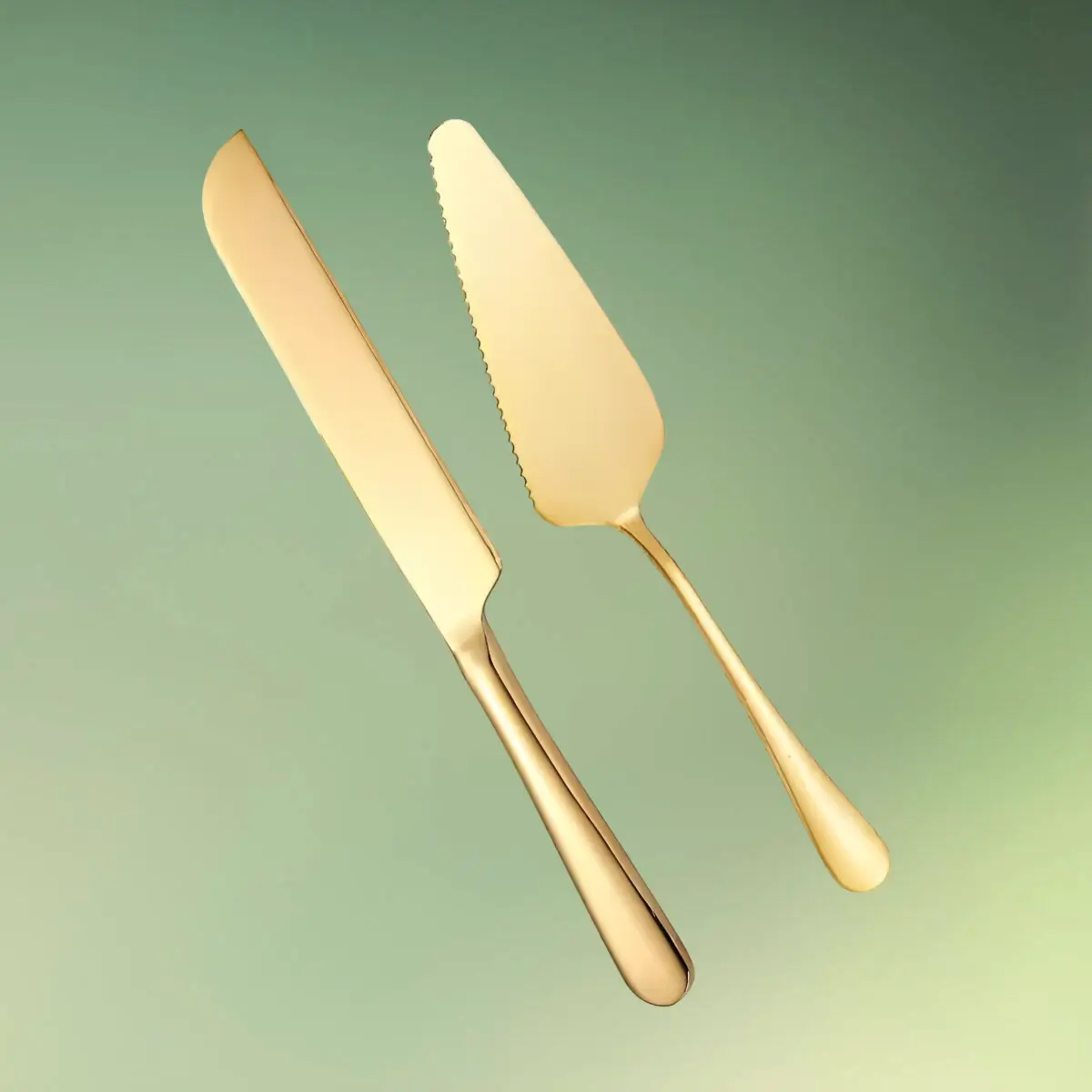 lej Kagespatel og kagekniv sæt | Rustfri stål | Glat & blank guld bestiksæt | To dele