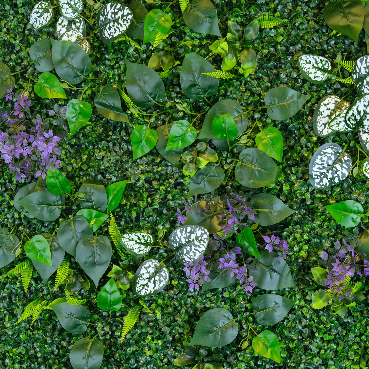 Kunstig blomstervæg panel - plantevæg grøn og lilla - Marias mix