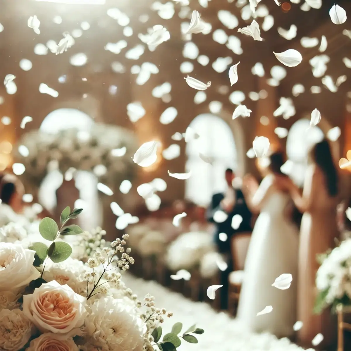 Kunstige hvide rosenblade der bliver kastet til bryllup