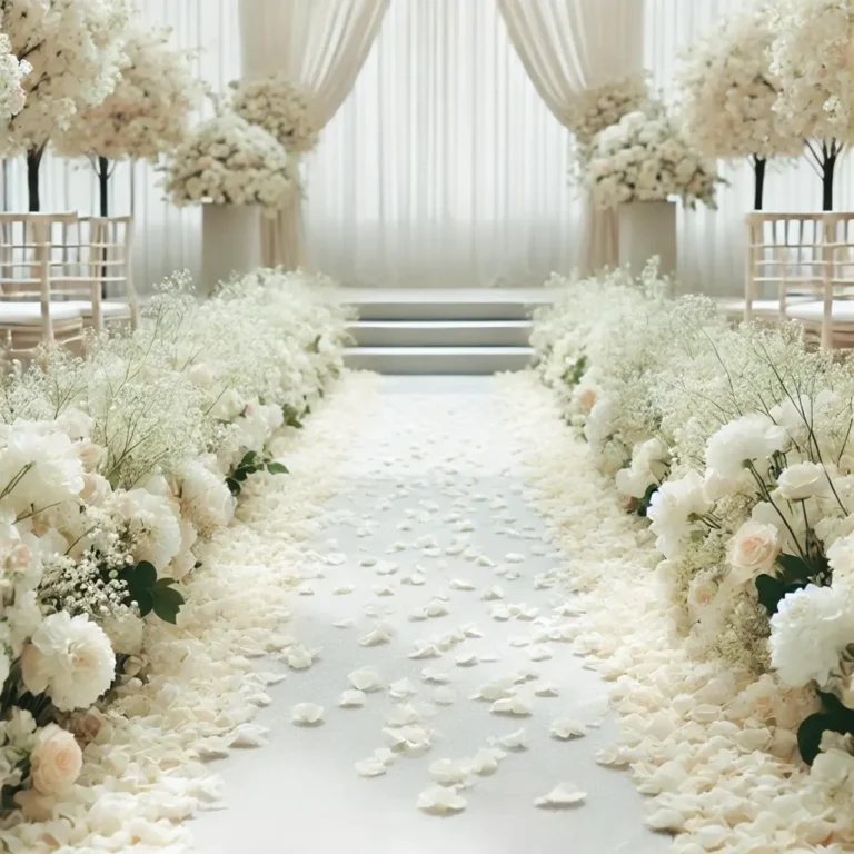 Kunstige hvide rosenblade spredt på indgangen / walkwayen til bryllup