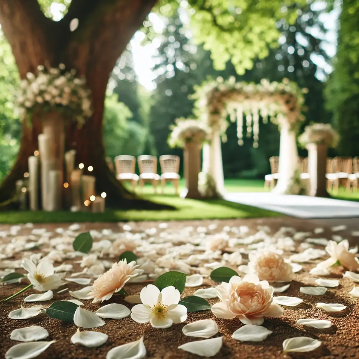 Kunstige rosenblade champagne på jord ved vielsesbue bryllup