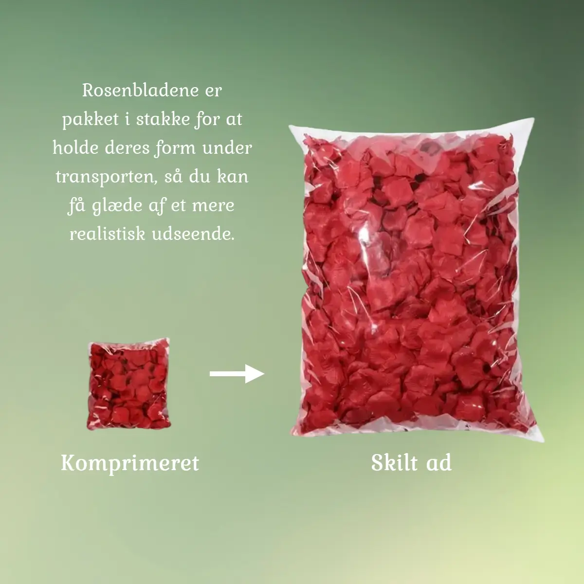 Kunstige rosenblade sort og rød 1200 stk komprimeret vs skilt ad grøn b (1) Kunstige rosenblade komprimeret