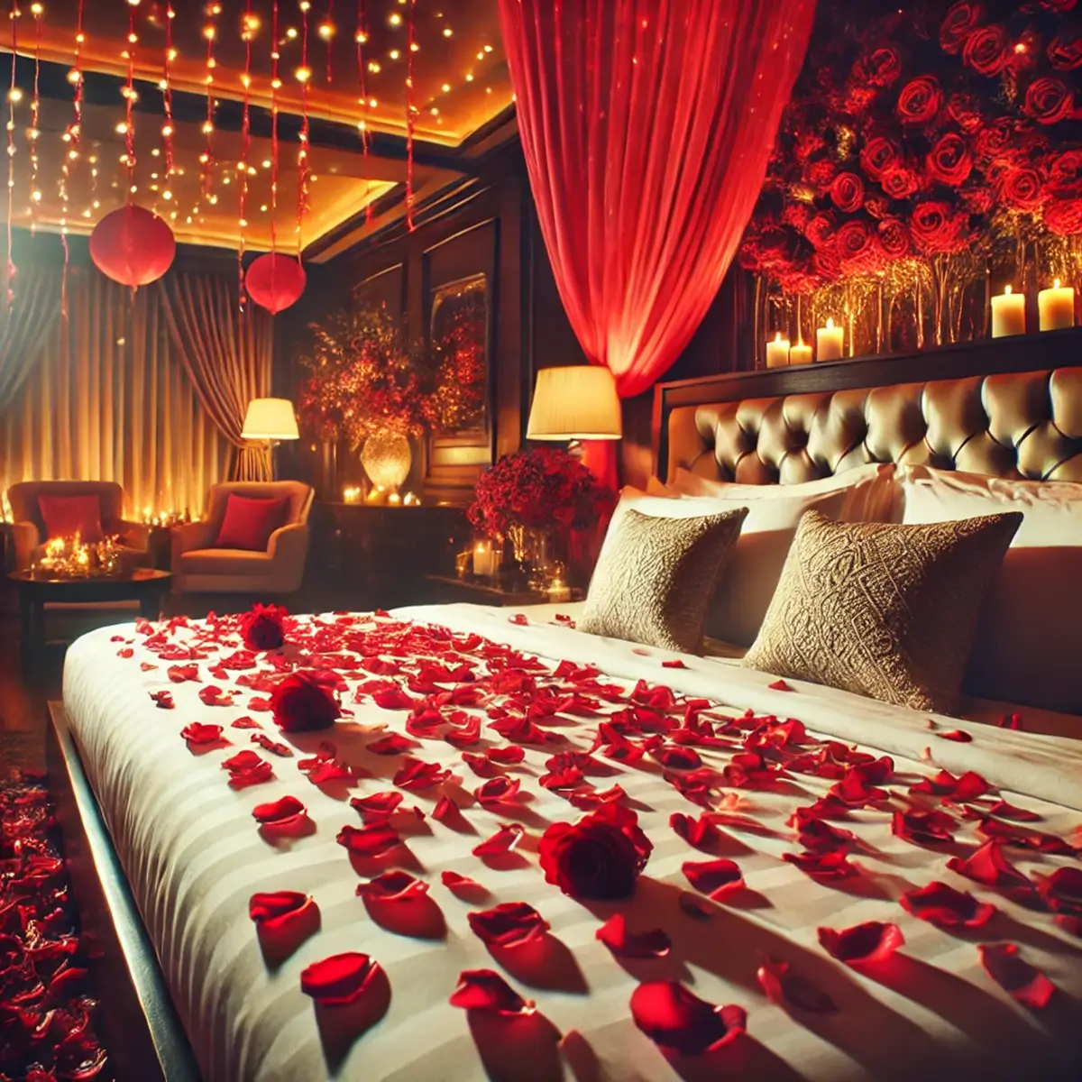 Kunstige rosenblade sort og rød på seng valentinsdag (1) Kunstige rosenblade mørkerød - rød og sort på seng valentinsdag