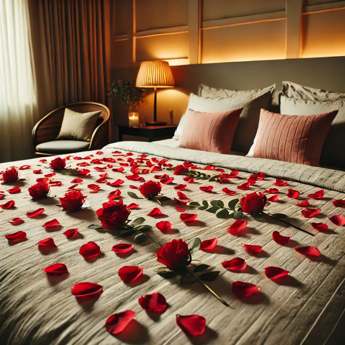 Kunstige rosenblade sort og rød på seng valentinsdag 2 (1) Kunstige rosenblade mørkerød - rød og sort på seng valentinsdag