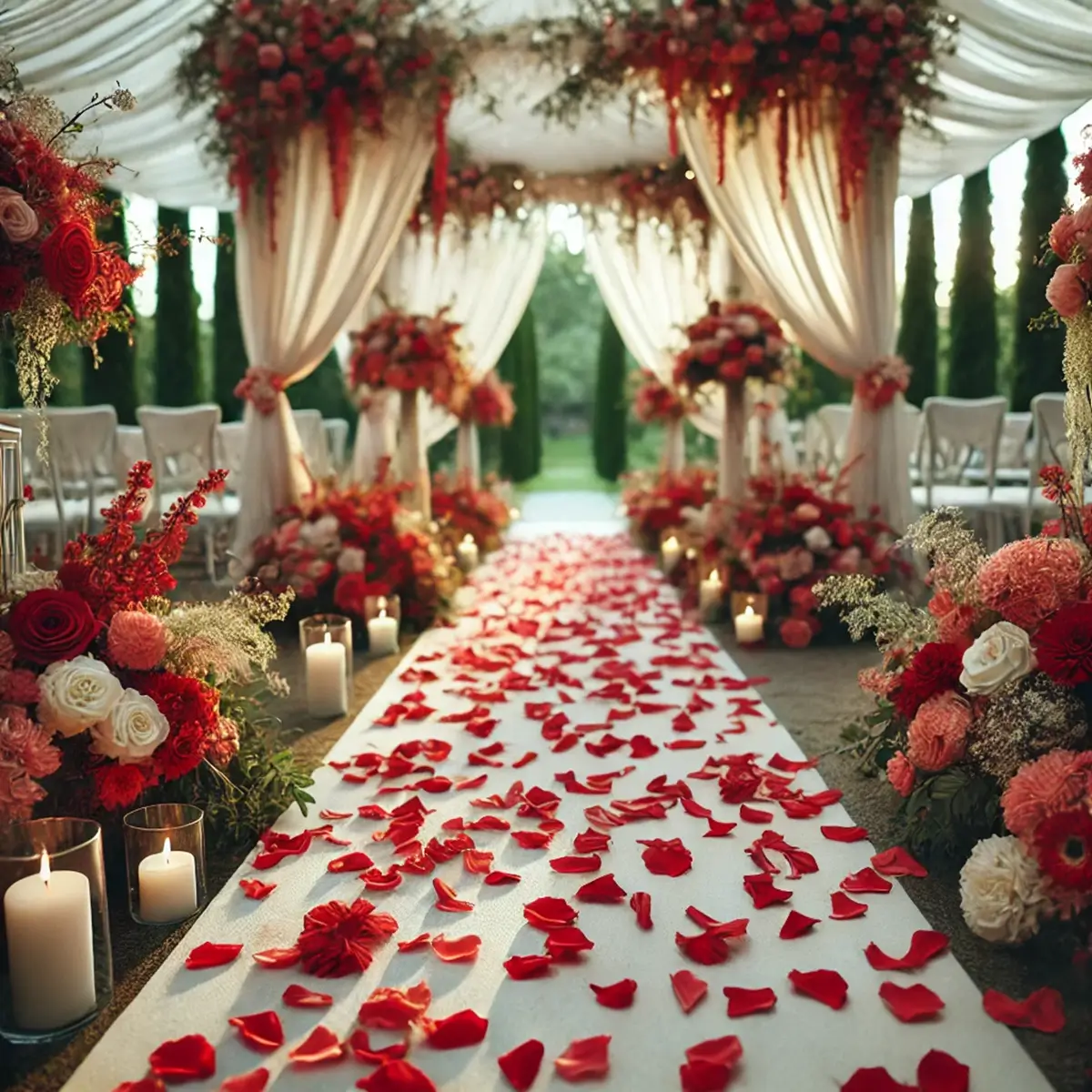 Kunstige rosenblade sort og rød på walkway bryllup (1) Kunstige rosenblade mørkerød - rød og sort på walkway indgang bryllup