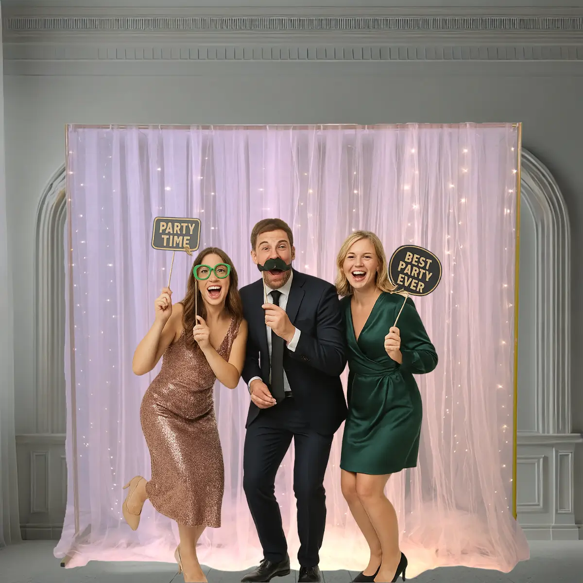 Kvadratisk guldfarvet bue med chiffon og fe lys inde