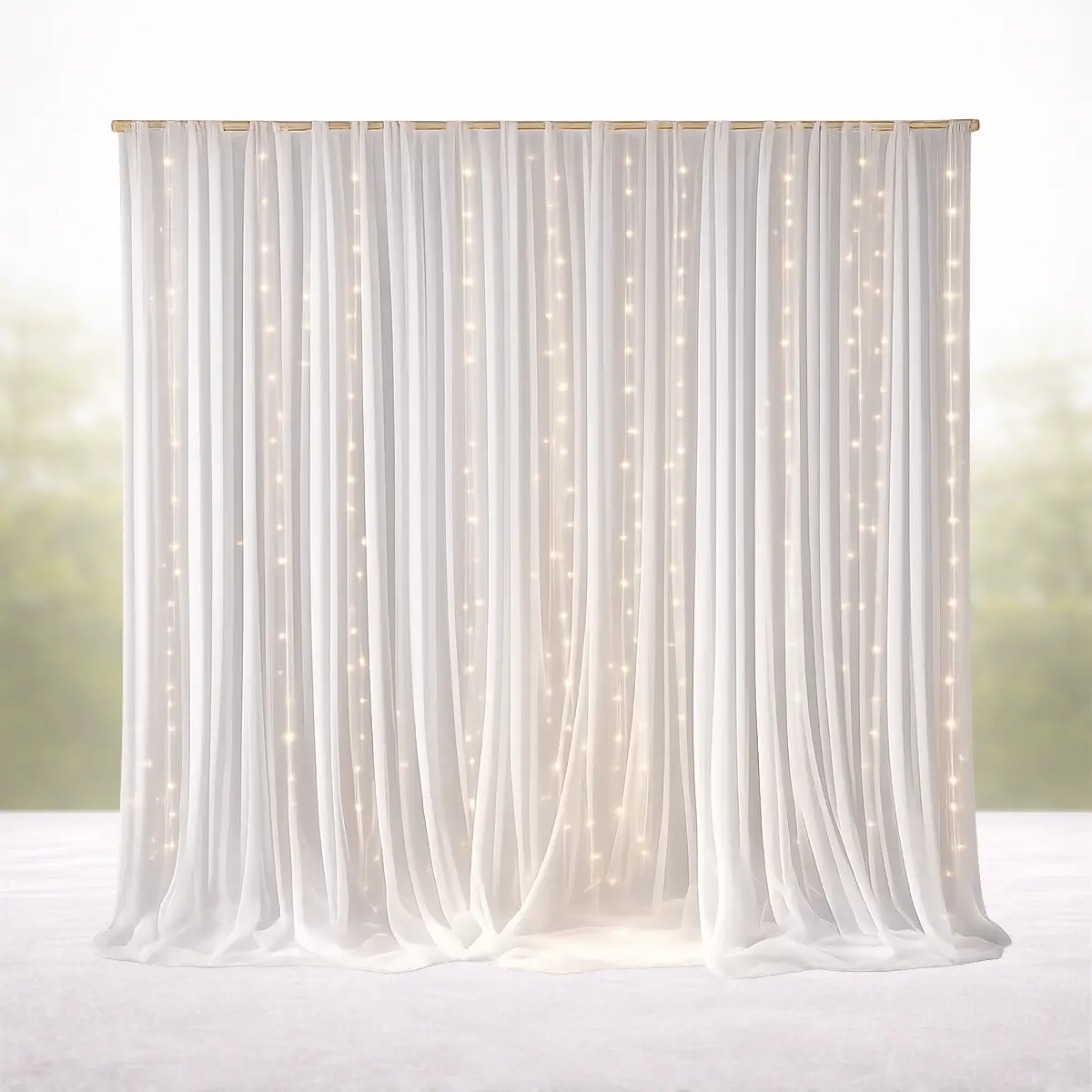 Kvadratisk guldfarvet bue med hvid chiffon og fe lys