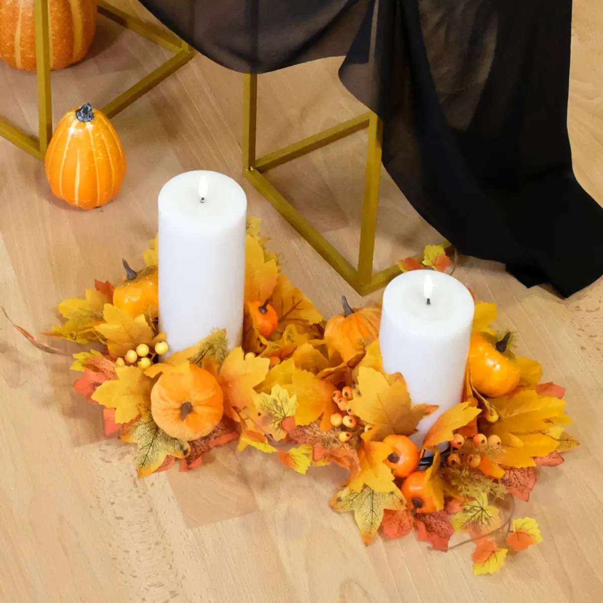 lej Lyskrans med efterårsblade og græskar | Efterårs krans til bloklys