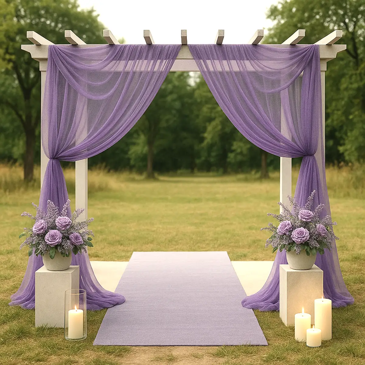 Lavendel chiffon stof på pergula (1) lej lavendel lilla chiffon stof 160x800 cm