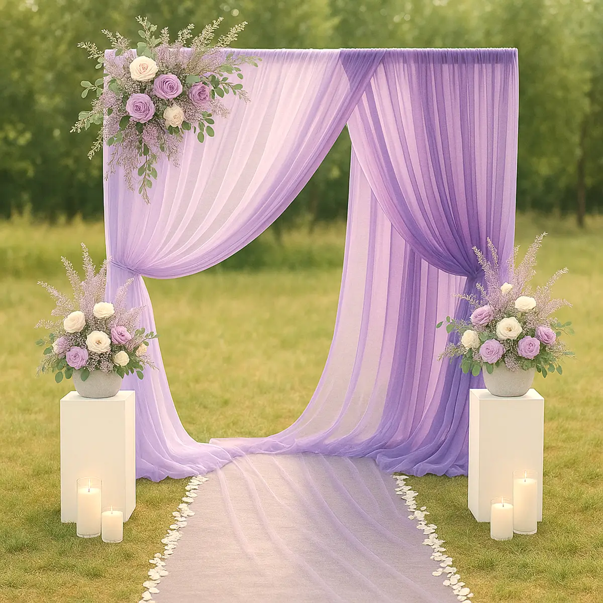 Lavendel og lys lilla chiffon stof på bue ude (1) lej lavendel lilla og lys lilla chiffon stof 160x800 cm