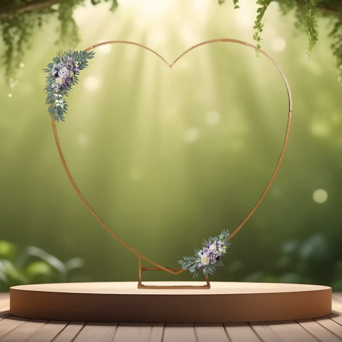 lej Kunstige blomster dekorationer | Blomster til buer og skilte | Lilla | Pil og eukalyptus på guldfarvet hjertebue