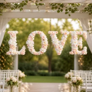 lej Store bogstaver med blomster | LOVE | Hvid og champagne | 30 cm.