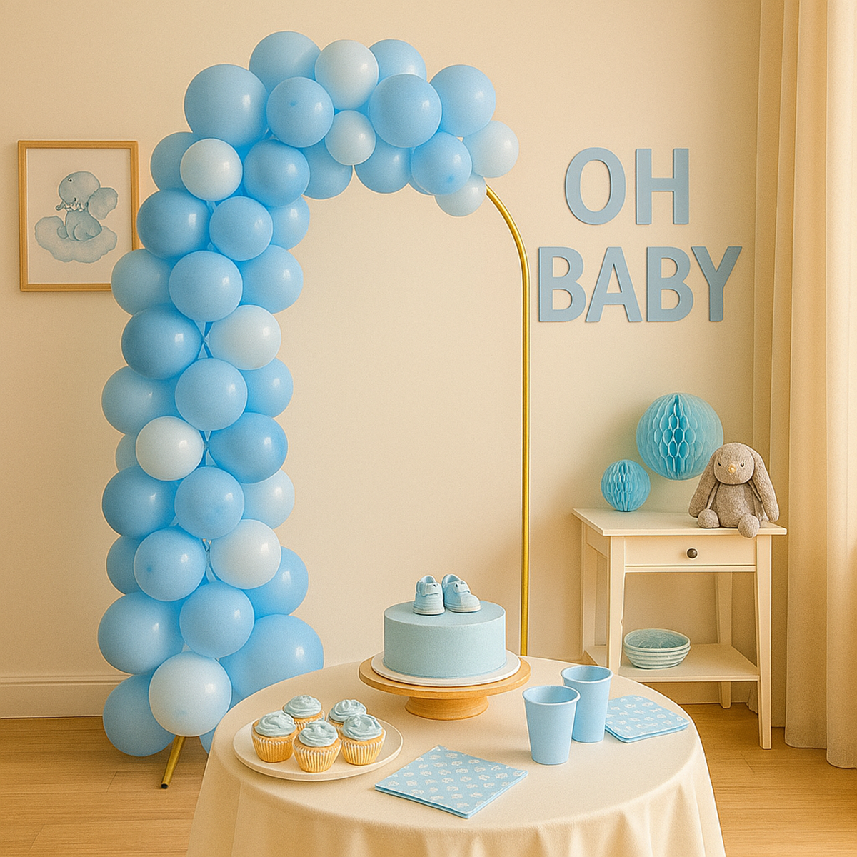 Ballonbue stativ | Vielsesbue | Guldfarvet | M | 1,5 x 0,65 m - babyshower | blå balloner