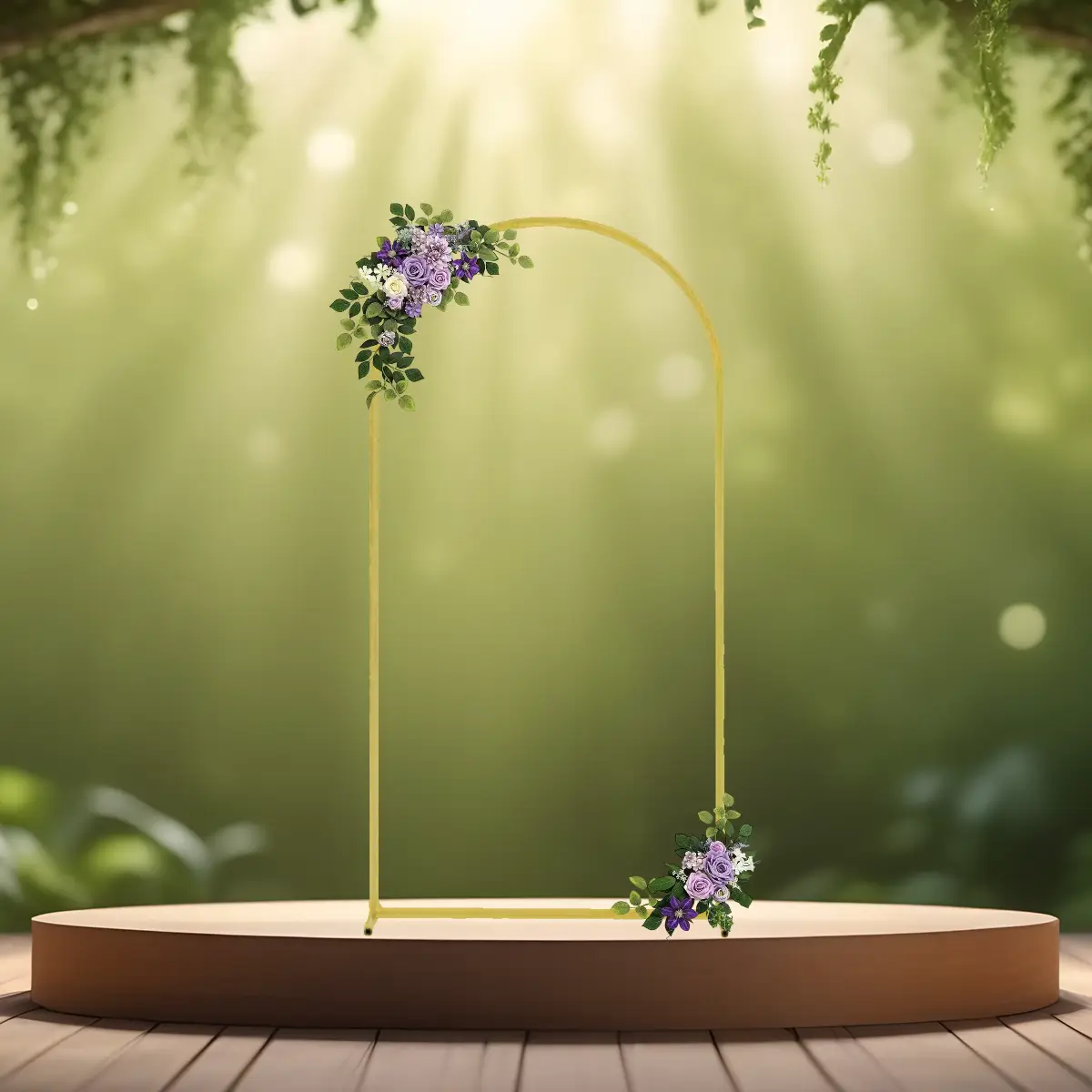 Luksuriøst metallisk ballonbue-sæt guld 1,5 x 0,65 m på podie m lilla (1) Ballonbue stativ | Vielsesbue | Guldfarvet | M | 1,5 x 0,65 m | Lilla blomsterdekorationer