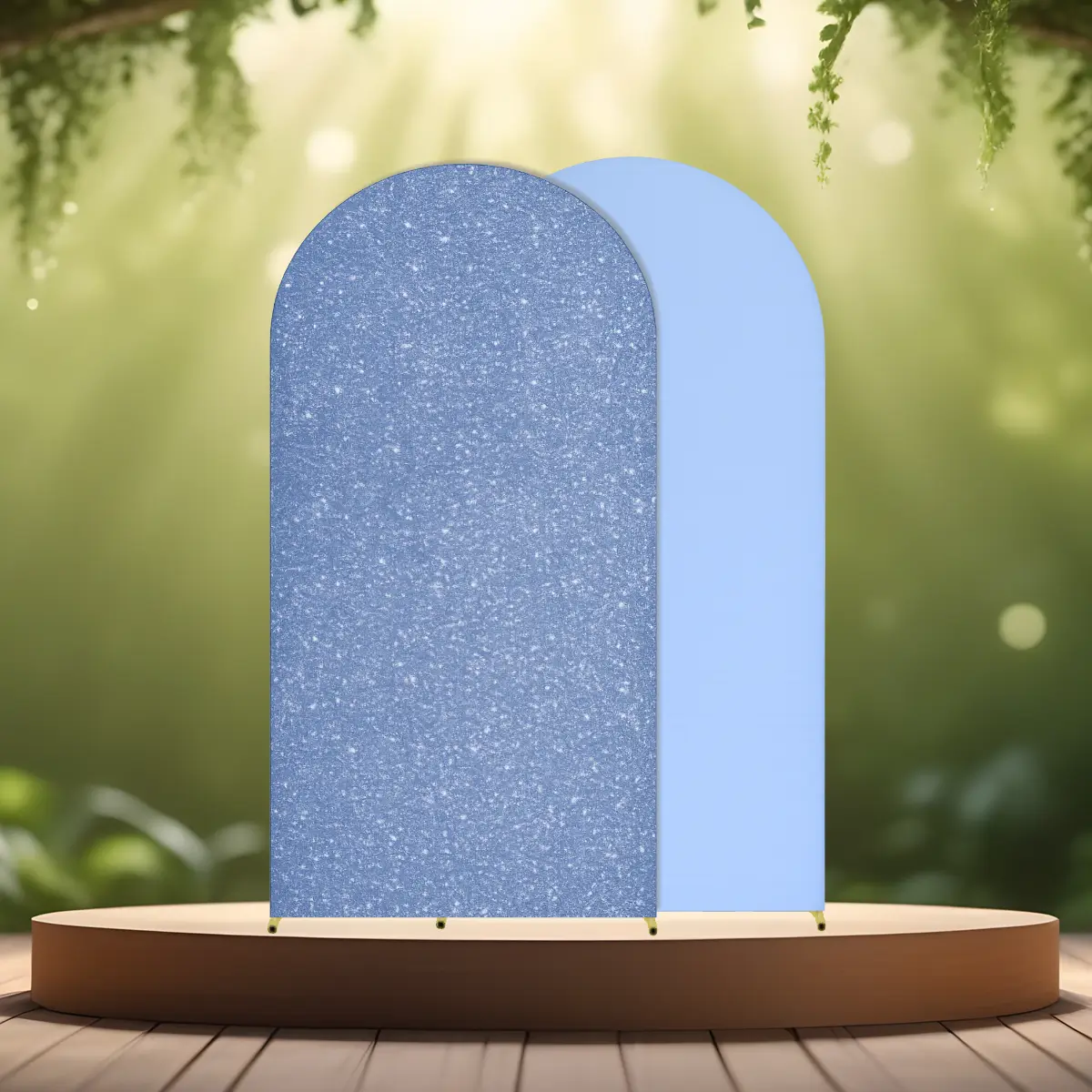 lej Ballonbue stativ | Vielsesbue | Guldfarvet | med kornblomst blå paillet betræk