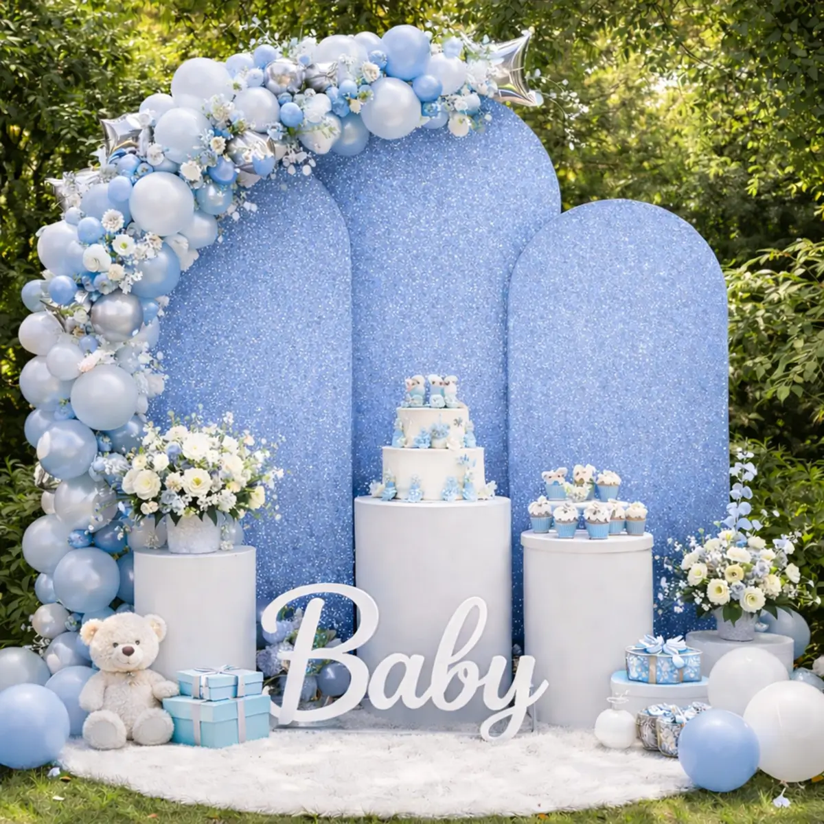 lej Ballonbue stativ | Vielsesbue | Guldfarvet | med kornblomst blå paillet betræk