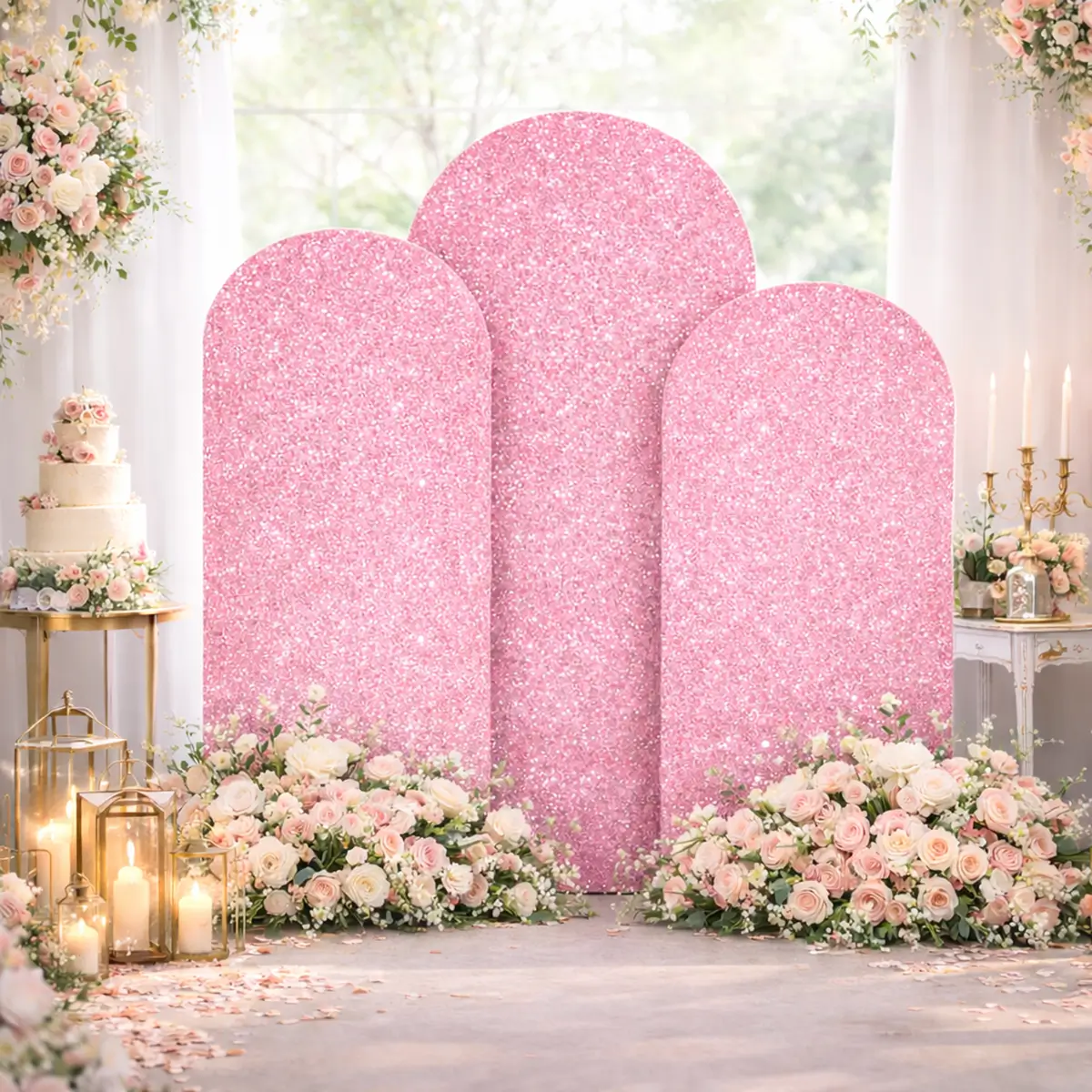 lej Ballonbue stativ | Vielsesbue | Guldfarvet | XL | 2 x 1 m med rosa paillet betræk