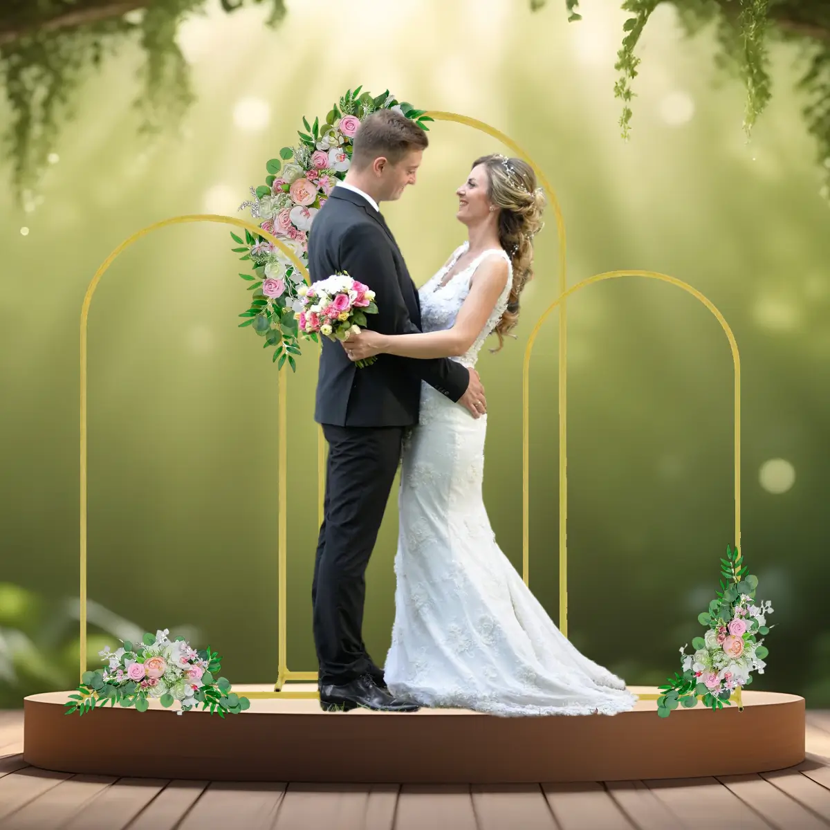 Ballonbue stativ sæt | Vielsesbue | Guldfarvet | S, M & L med lyserøde blomsterdekorationer