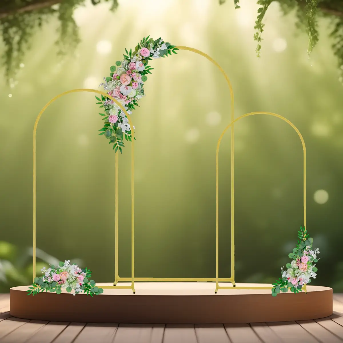 Luksuriøst metallisk ballonbue-sæt guld med lyserød blomsterdeko (1) Ballonbue stativ sæt | Vielsesbue | Guldfarvet | S, M & L | Lyserøde blomsterdekorationer