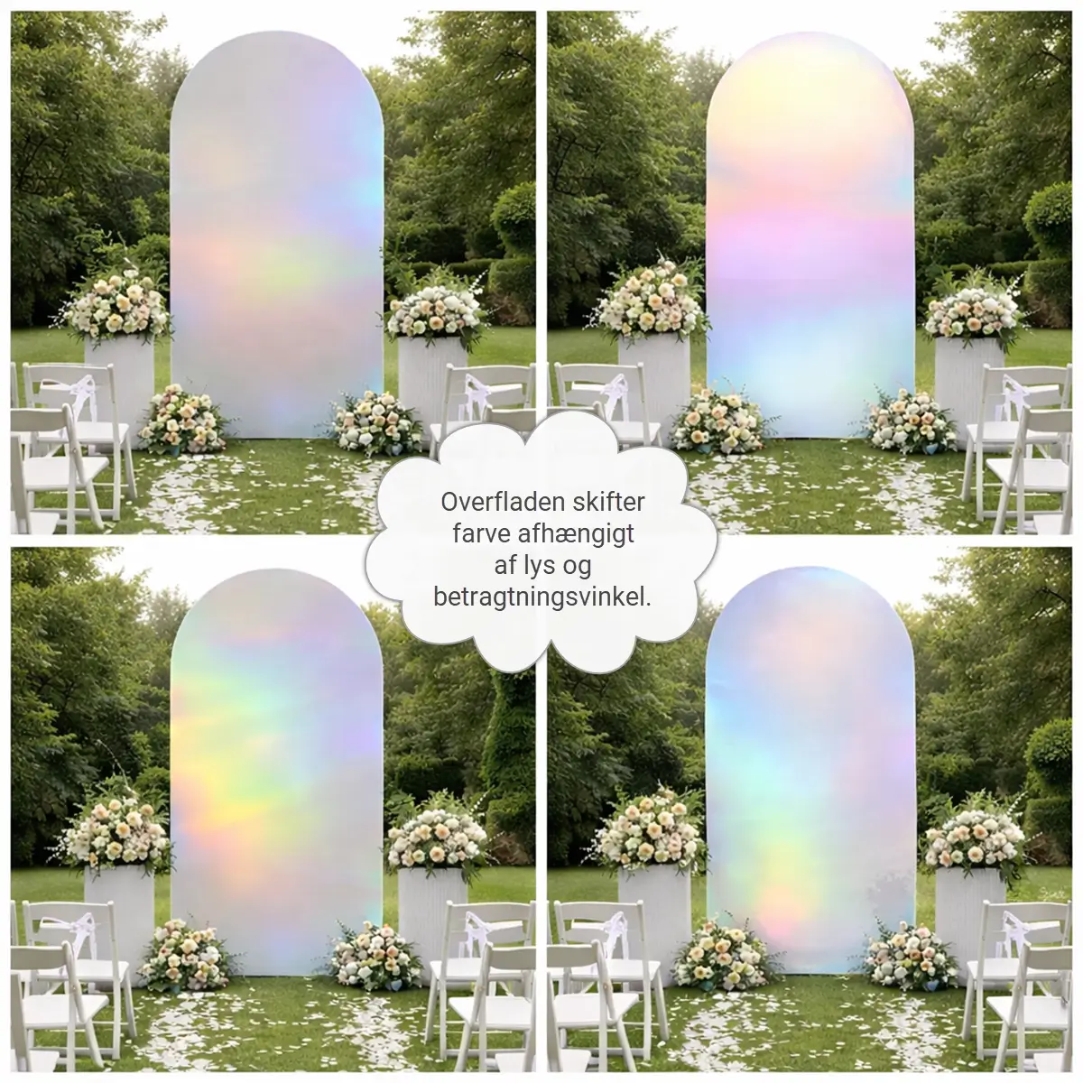 Metallisk buebetræk med skiftende farve illustration m tekst (1) lej Betræk til buet backdrop stativ | Metallisk multifarvet | L | 1,8 x 0,8 m