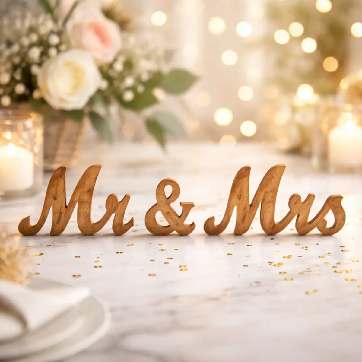 Mr and Mrs træskilte på bord (1) lej Mr & Mrs træskilt | Mr and Mrs | Træ skilt til bryllup