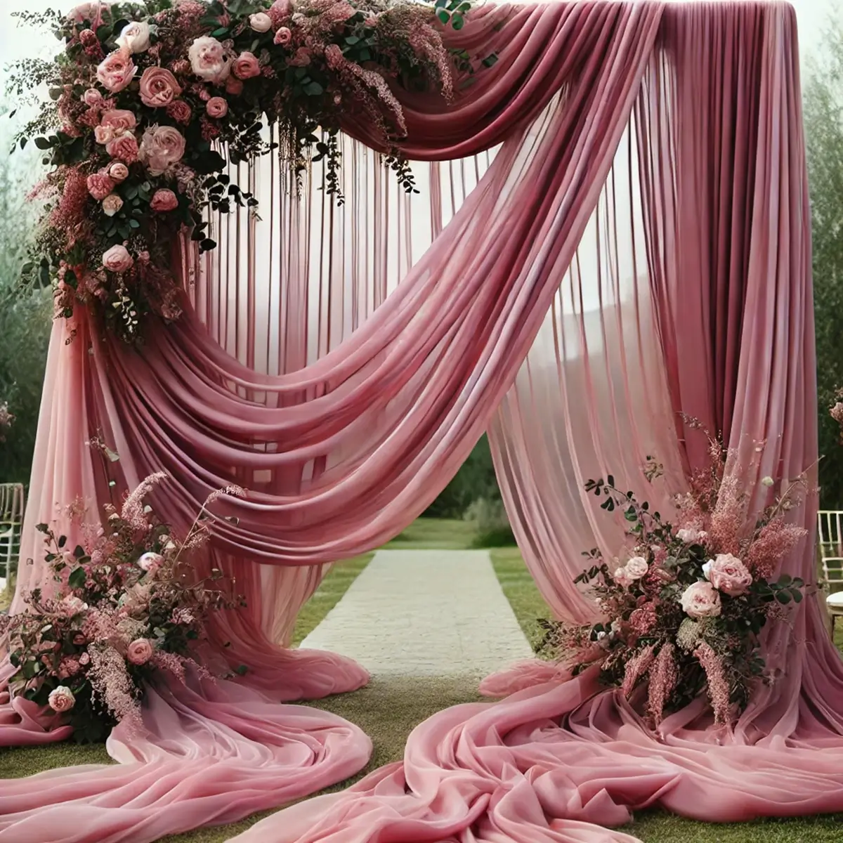 Støvet pink polyester stof på vielsesbue