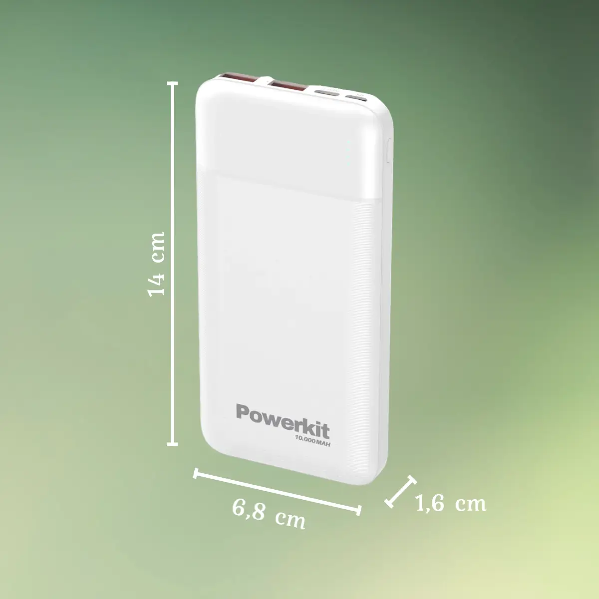 Powerbank 10000 mAh - powerkit mål (1) Powerbank med 2 USB-A porte | Hvid | Strøm til USB lyskæder mv. | 10.000 mAh | Powerkit