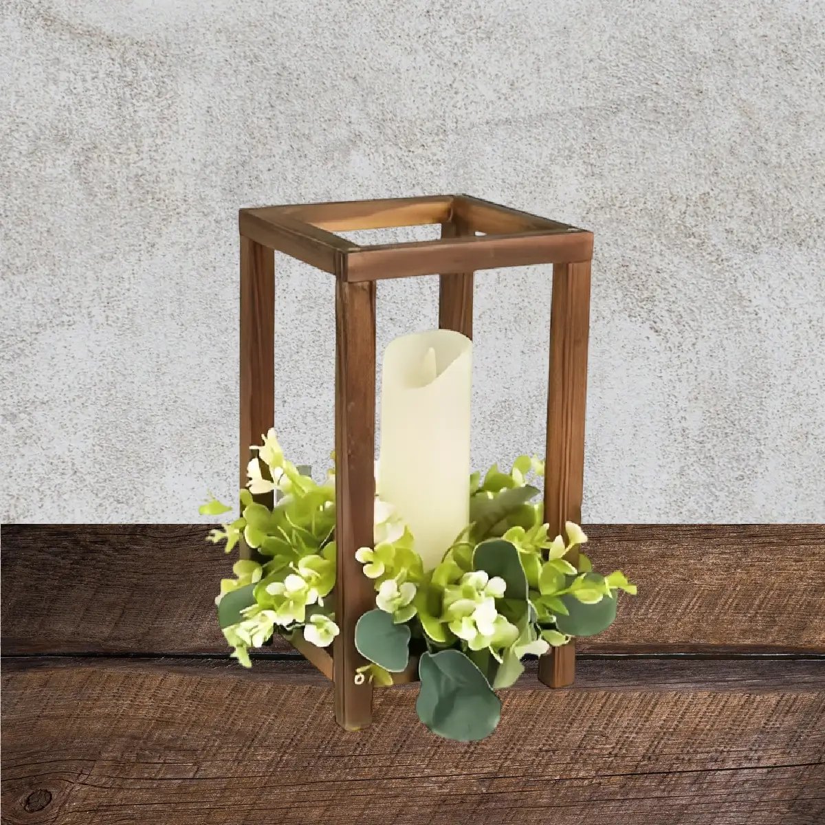 Rrustik rektankulær træ lysestage med led lys og ranke på bord (1) lej Rustik trælysestage til bloklys | Rektangulær træ lysestage / centerpiece | Træ lanterne