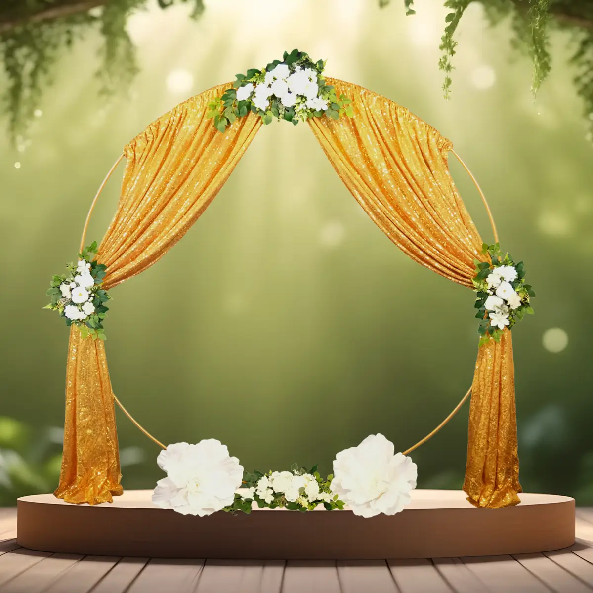 guldfarvet paillet stof på rund guldfarvet vielsesbue backdrop med hvide blomsterdekorationer samt to kæmpe store hvide pæon blomster