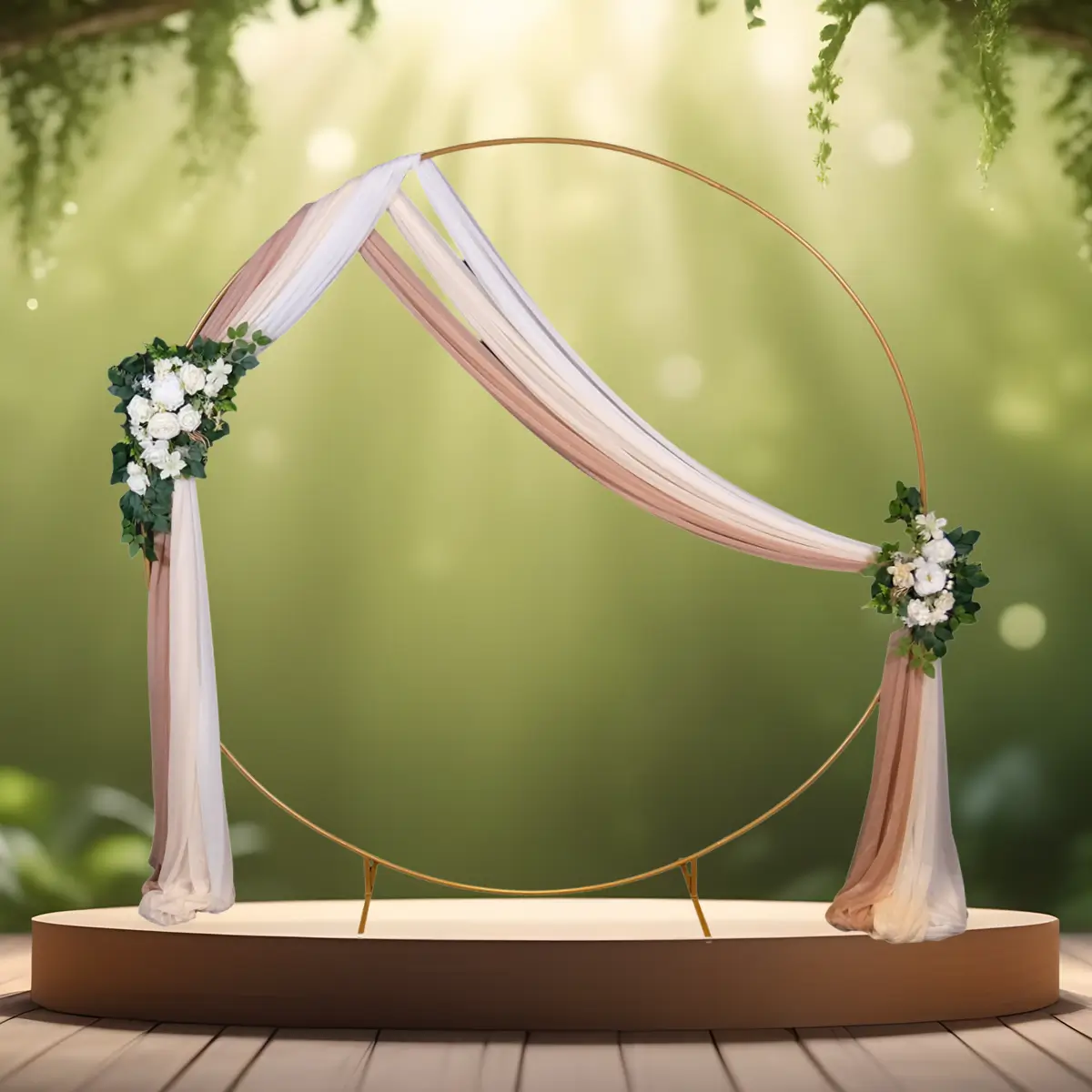 hvid, champagne og beige chiffon stof sæt på rund guldfarvet vielsesbue backdrop med hvide blomsterdekorationer