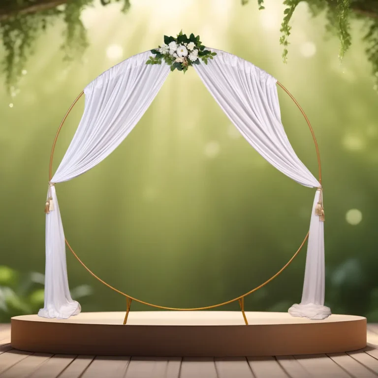 Polyester strækstof - luksus backdrop forhæng - hvid - med løbegang på rund guldfarvet vielsesbue med hvide blomster - bryllup