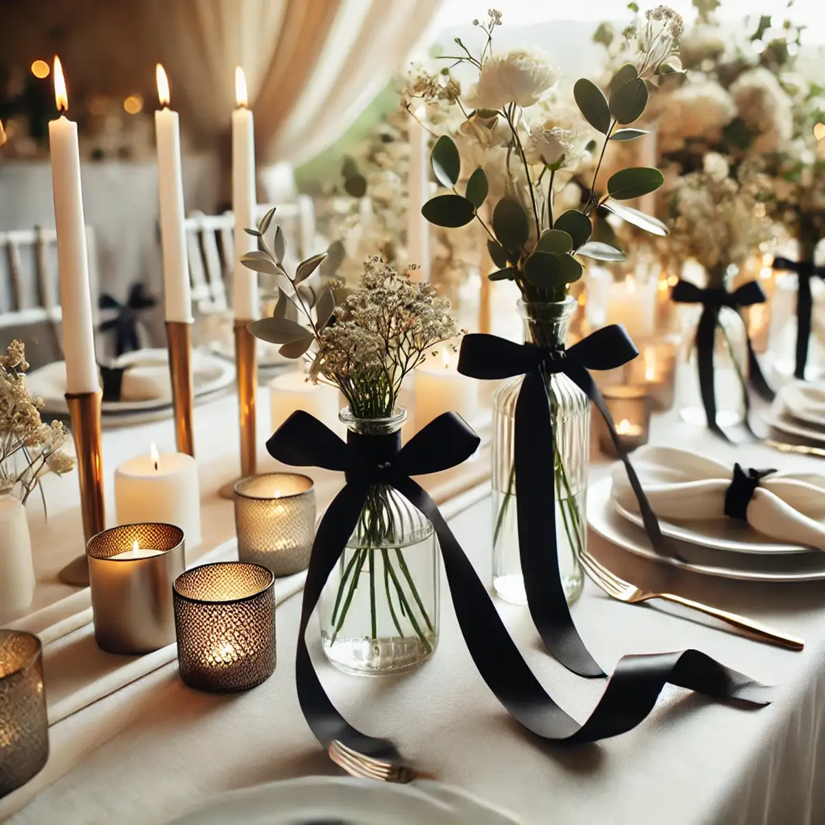 Satinbånd Sort 12 mm x 25 m på vaser (1) Satinbånd sort 1,2 cm x 25 m