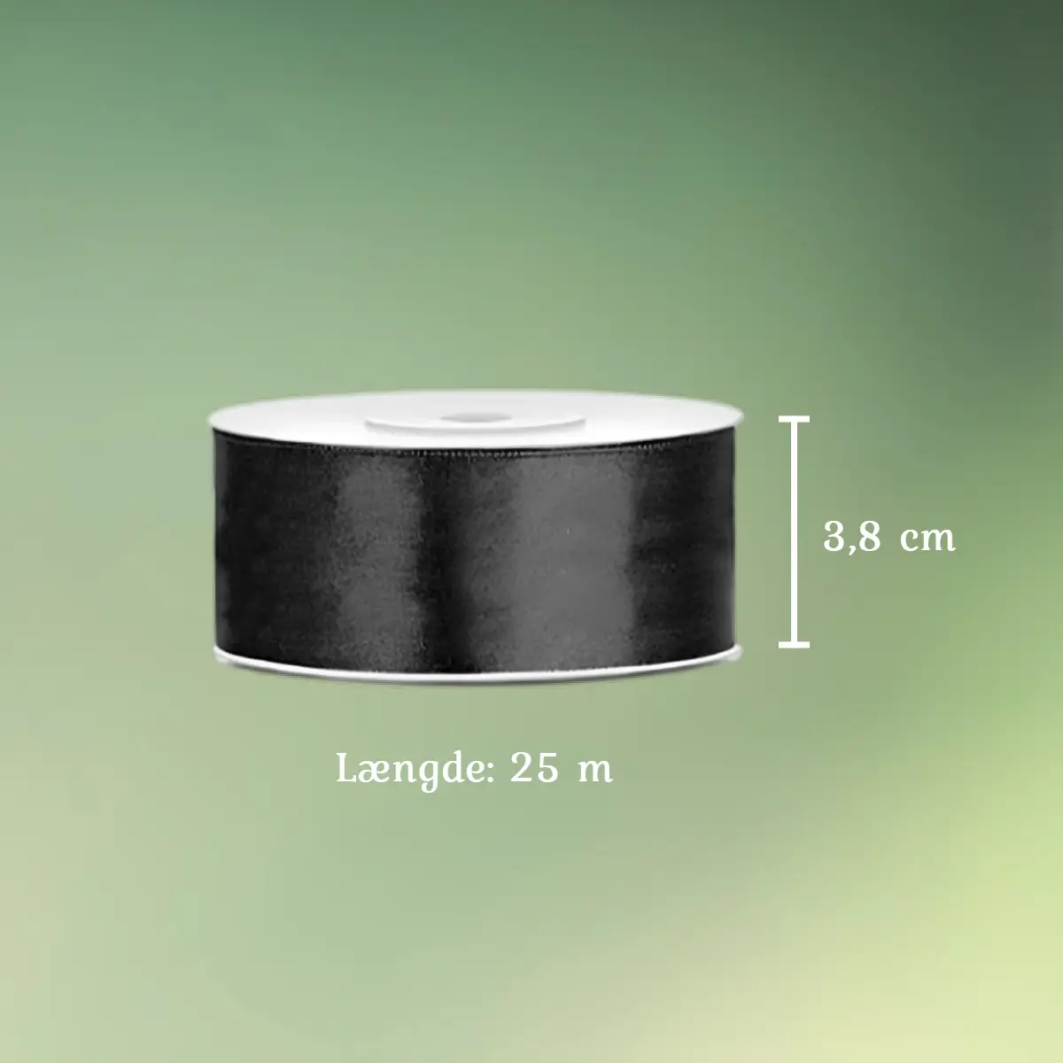 Satinbånd Sort 38 mm x 25 m mål (1) Satinbånd sort 3,8 cm x 25 m