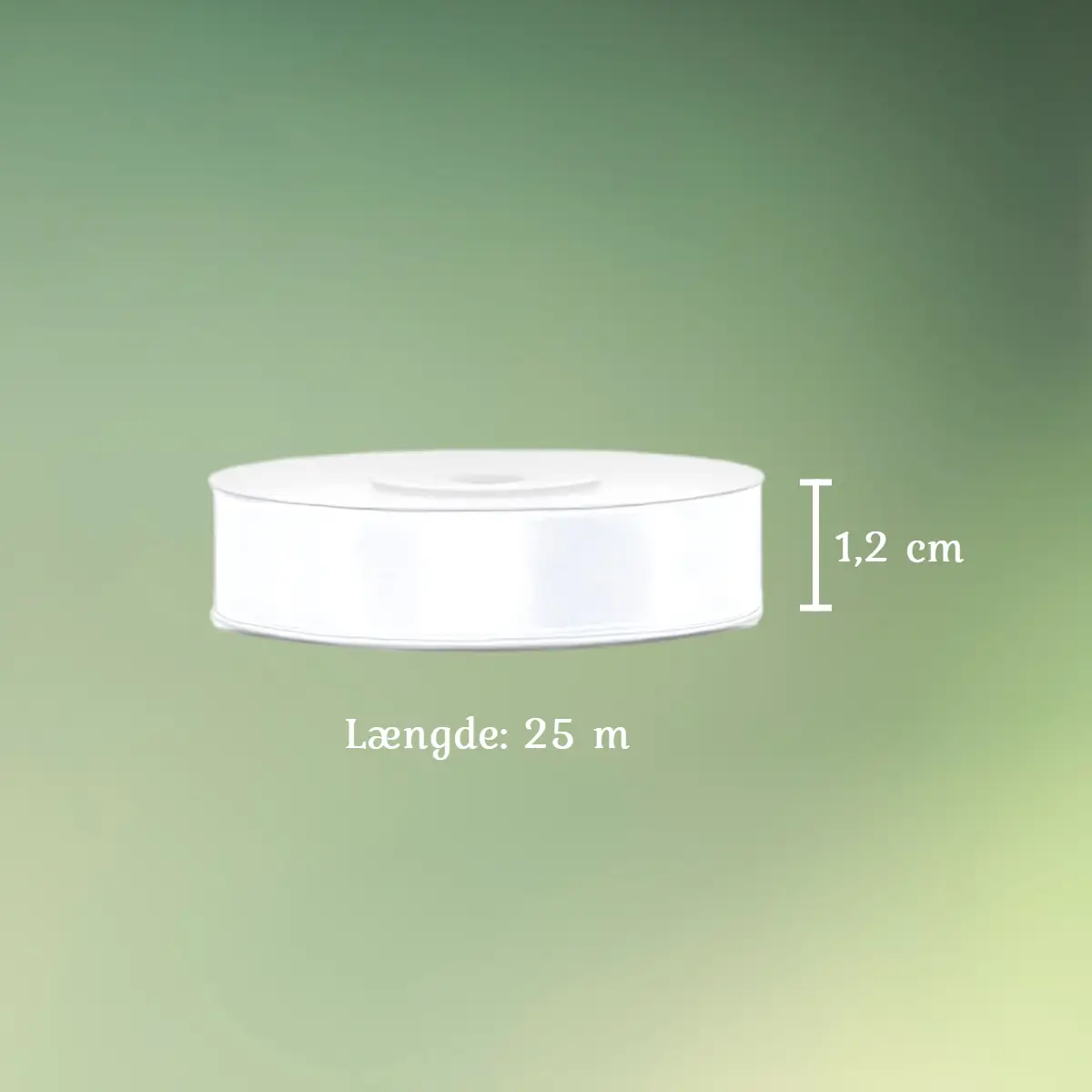 Satinbånd hvidt 12 mm x 25 m mål (1) Satinbånd hvidt 1,2 cm x 25 m