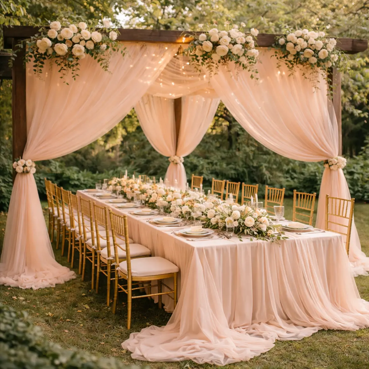 Soft peac chiffon stof på pergola og bord ude