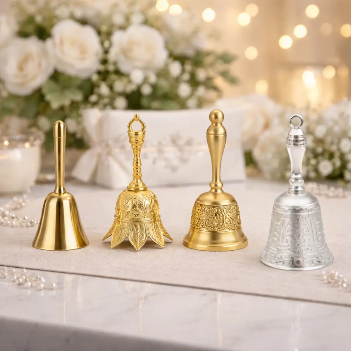 Toastmaster klokker på bryllupsbord (1) lej Toastmaster klokke | Dirigentklokke | Håndklokke til taler