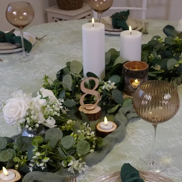 lej Dekorationskasser i træ | Sæt med 3 str. trækasser | Blomsterkasser med eukalyptus ranker, mos og hvid lanterne med LED bloklys