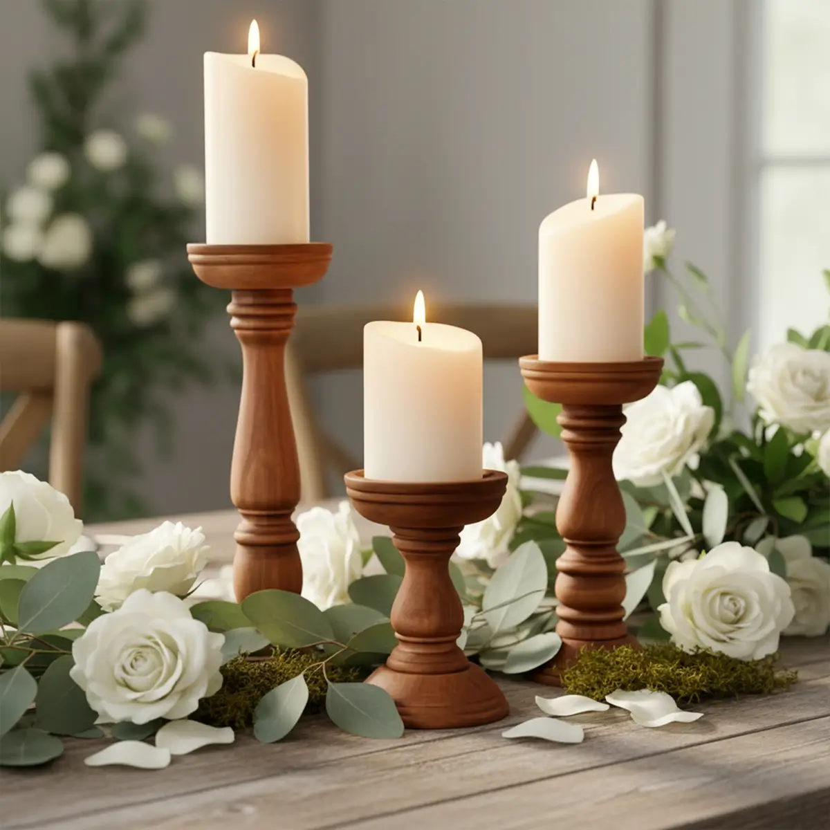 lej Trælysestager til bloklys | Træopsatser til lys eller blomster | 30, 23 og 15 cm