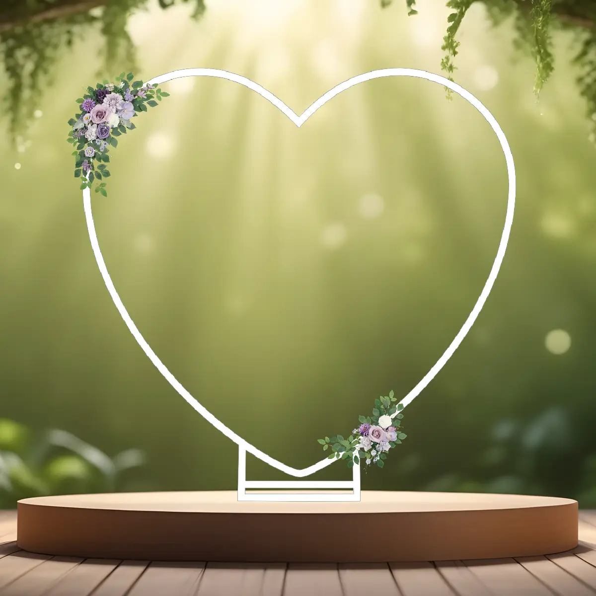 lej Kunstige blomster dekorationer | Blomster til buer og skilte | Lilla | Roser og orkideer på hvid hjerteformet vielsesbue