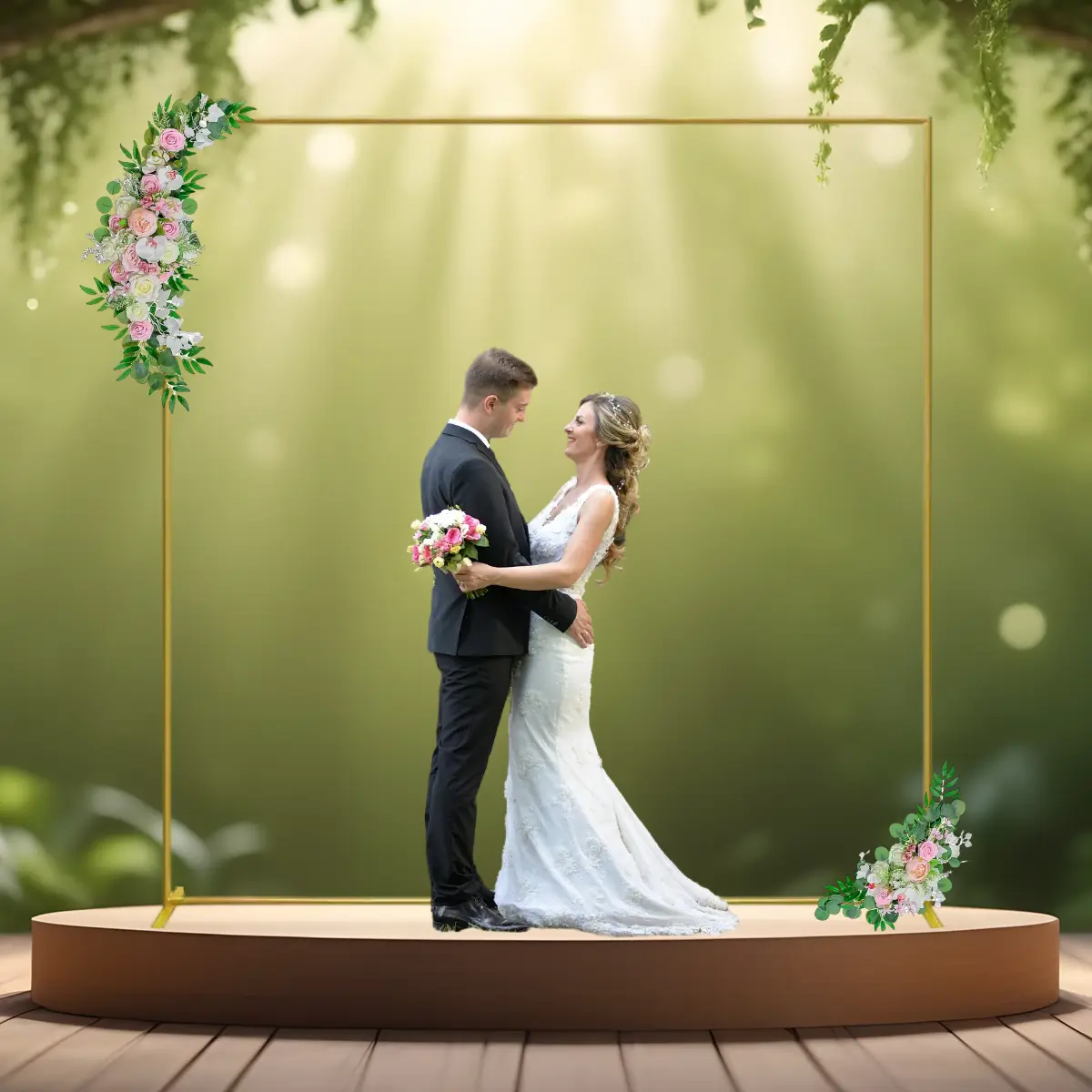 Kvadratisk vielsesbue - backdrop stativ guld - 3x3 m - med lyserøde blomsterdekorationer - bryllup