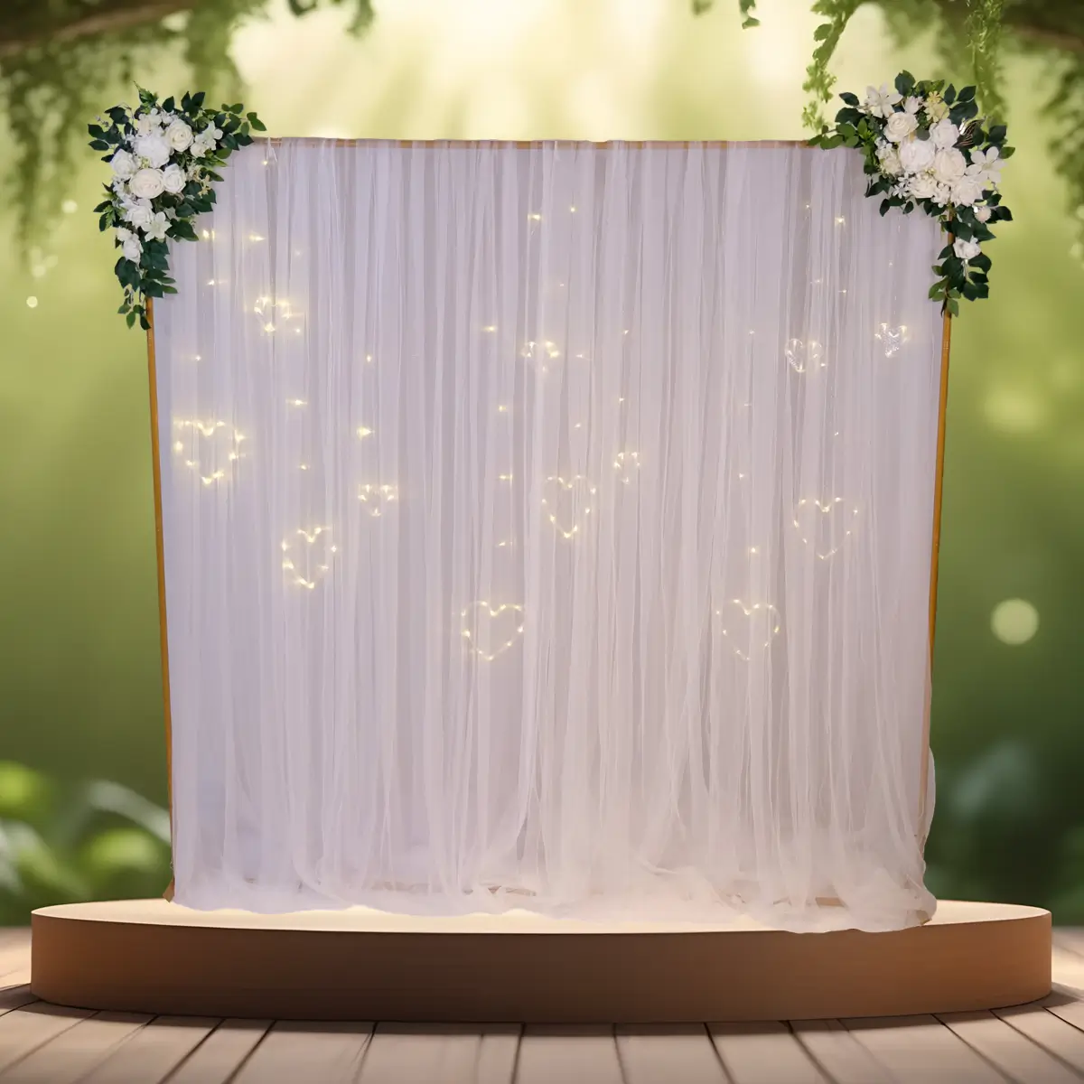 Kvadratisk vielsesbue | Kvadrat backdrop stativ | Guldfarvet | 2x2 m med hvidt chiffonstof 160x800 cm, hvide blomsterdekorationer og hjertelys i varm hvid