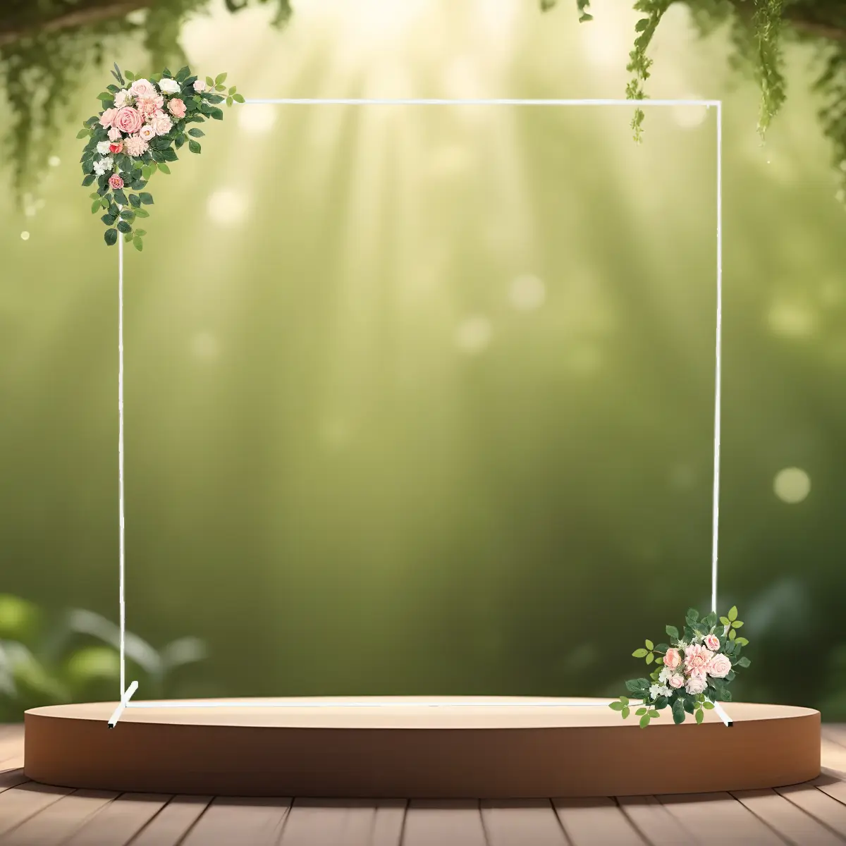 Vielsesbue kvadratisk hvid med lyserøde deko (1) lej Kvadratisk vielsesbue - backdrop stativ 2 m / 3x3 m - hvid