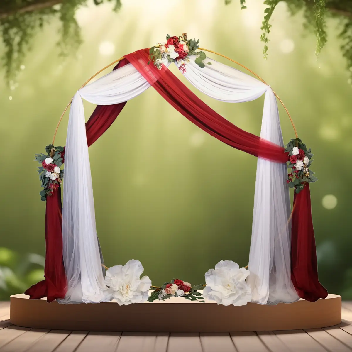 Vinrød og hvid chiffon samt hvidt polyester på rund guldfarvet vielsesbue backdrop med hvide og røde blomsterdekorationer samt to hvide kæmpe store pæon blomster