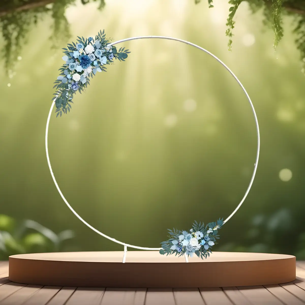 blå kunstige blomster dekorationer - blomster til vielsesbuer og backdrops - kunstige blomster til velkomstskilt - blomster til bryllup - hvid rund vielsesbue 2 m