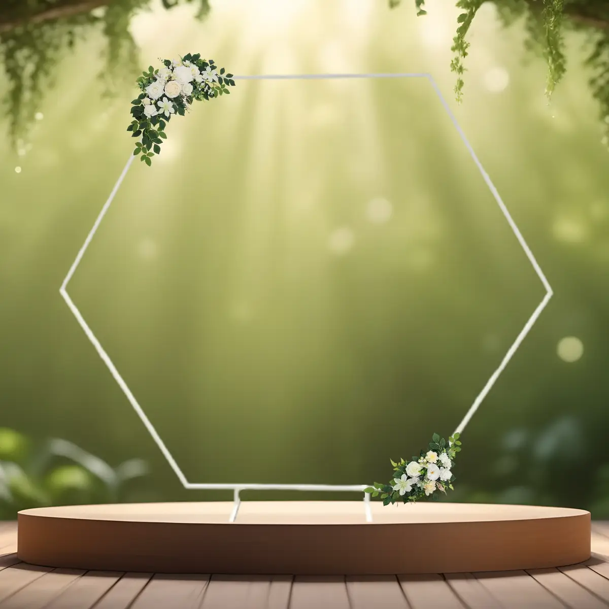 lej Vielsesbue - Backdrop sekskantet - hexagon hvid med hvideblomsterdekorationer