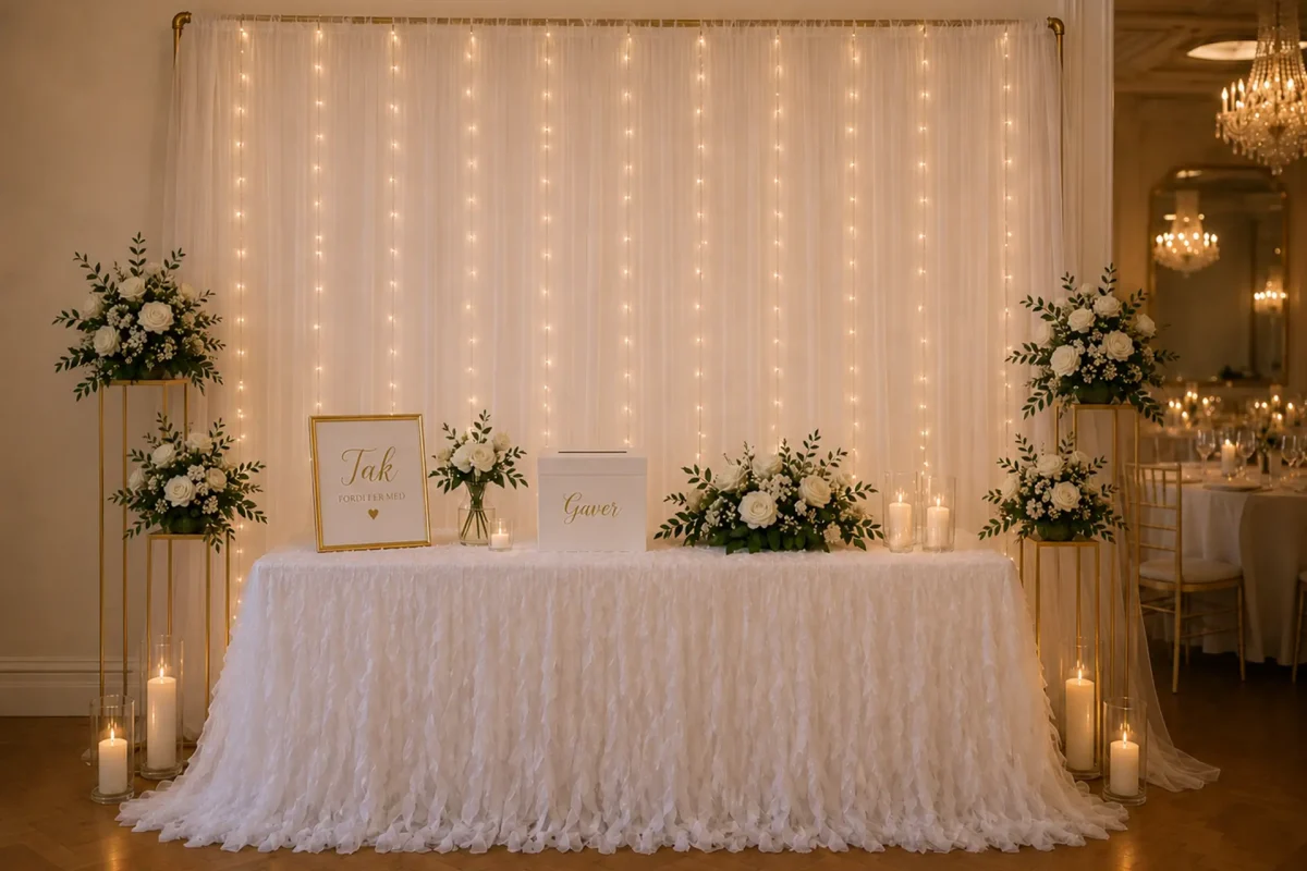 Hvid chiffonstof med felys ved gavebord