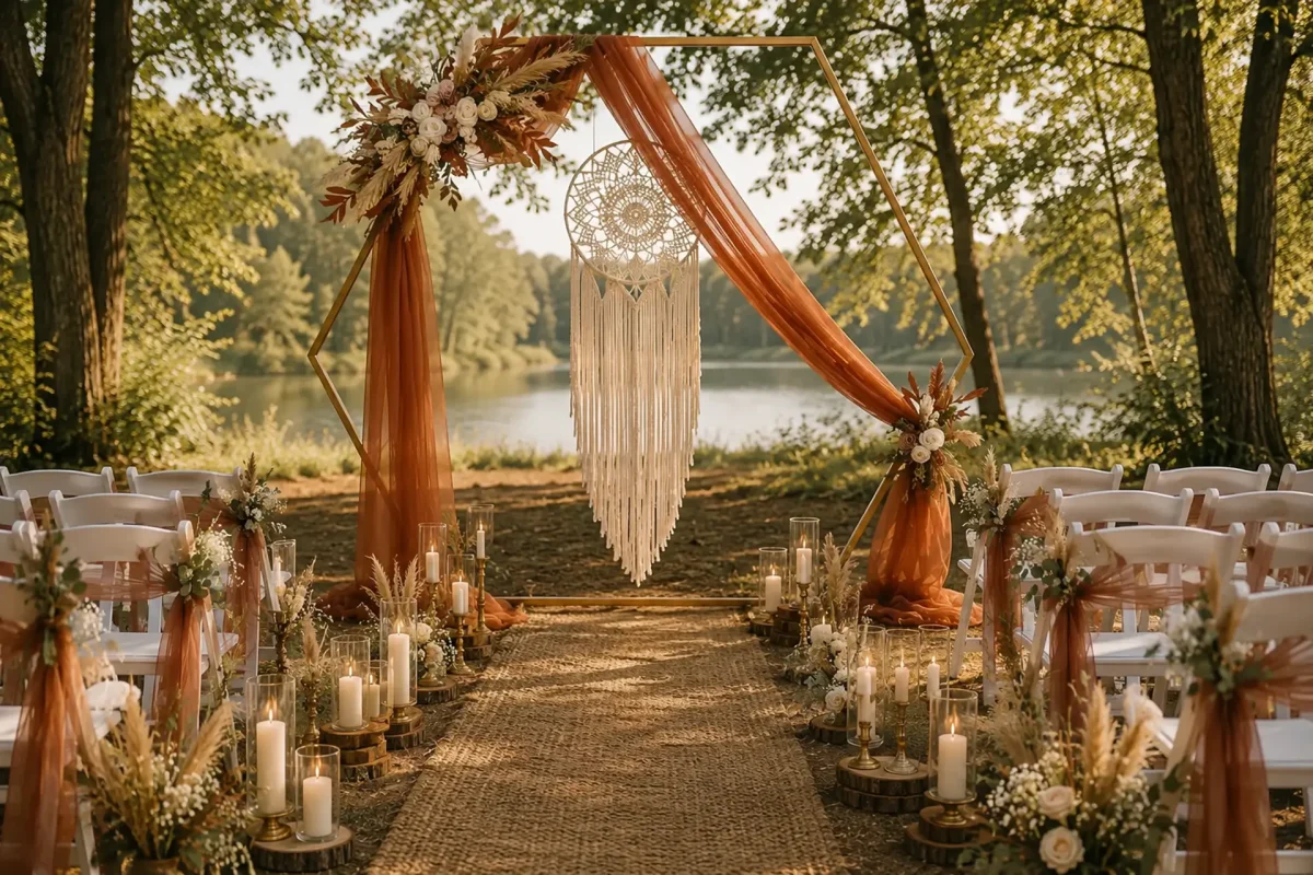 sekskantet guld vielsesbue med warm rust til boho bryllup