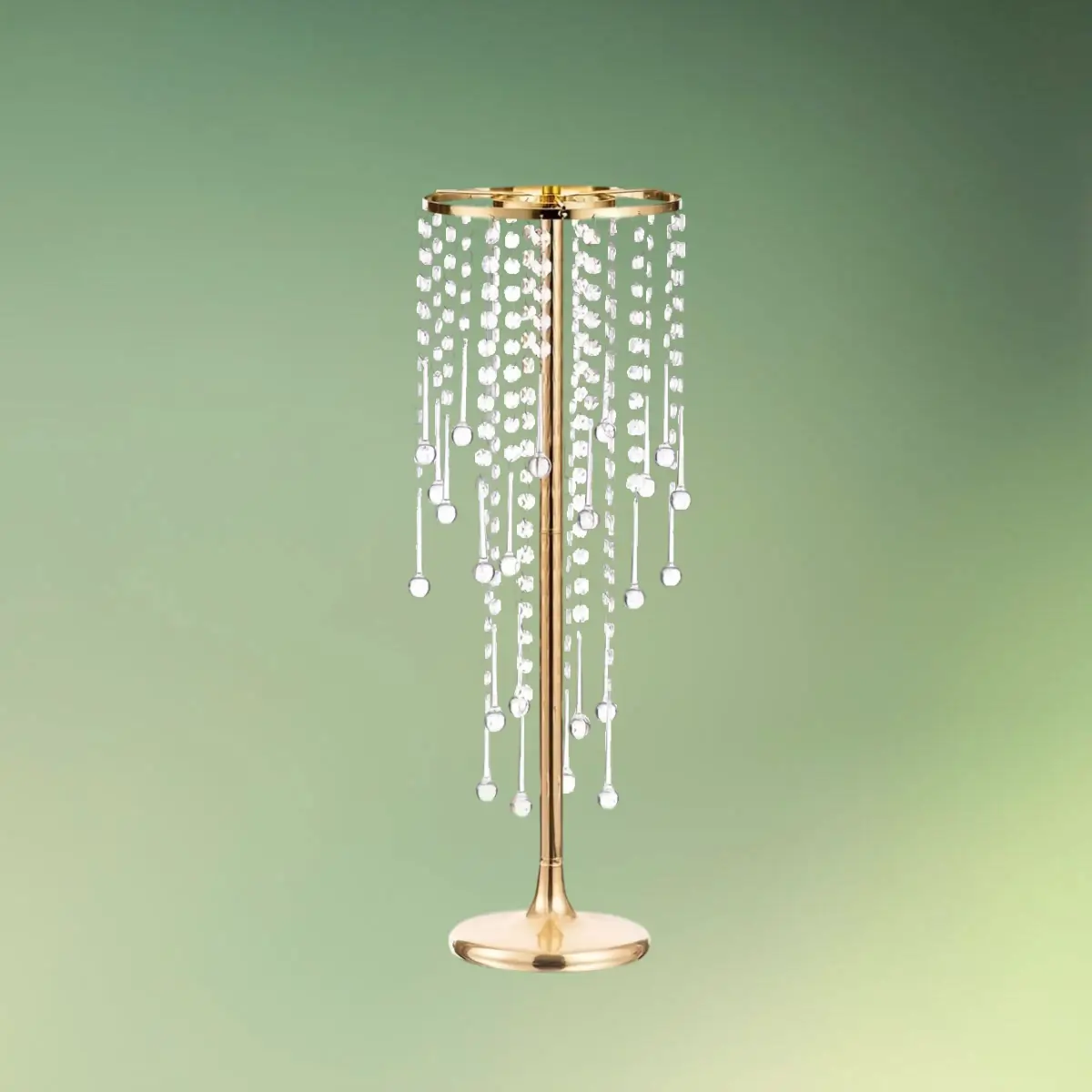 guld stativ med akryl krystaller 55 cm grøn b (1) lej Centerpiece stativ med akryl krystaller | Guld dekorationsstativ | 55 cm