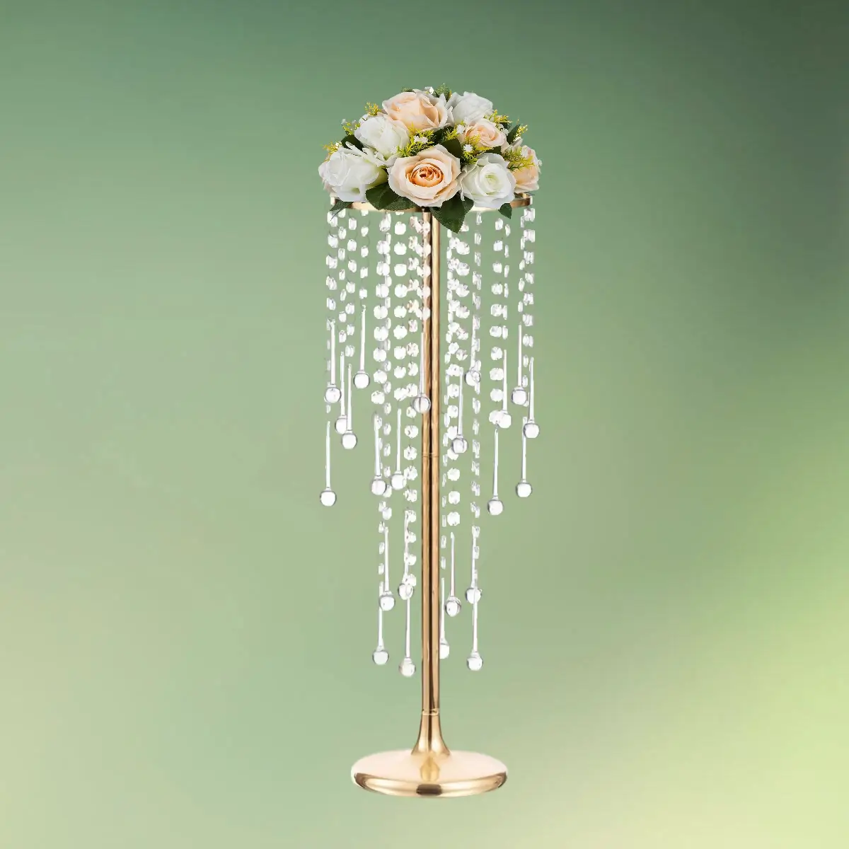 guld stativ med akryl krystaller 55 cm med champ blomst (1) lej Centerpiece stativ med akryl krystaller | Guld dekorationsstativ | 55 cm