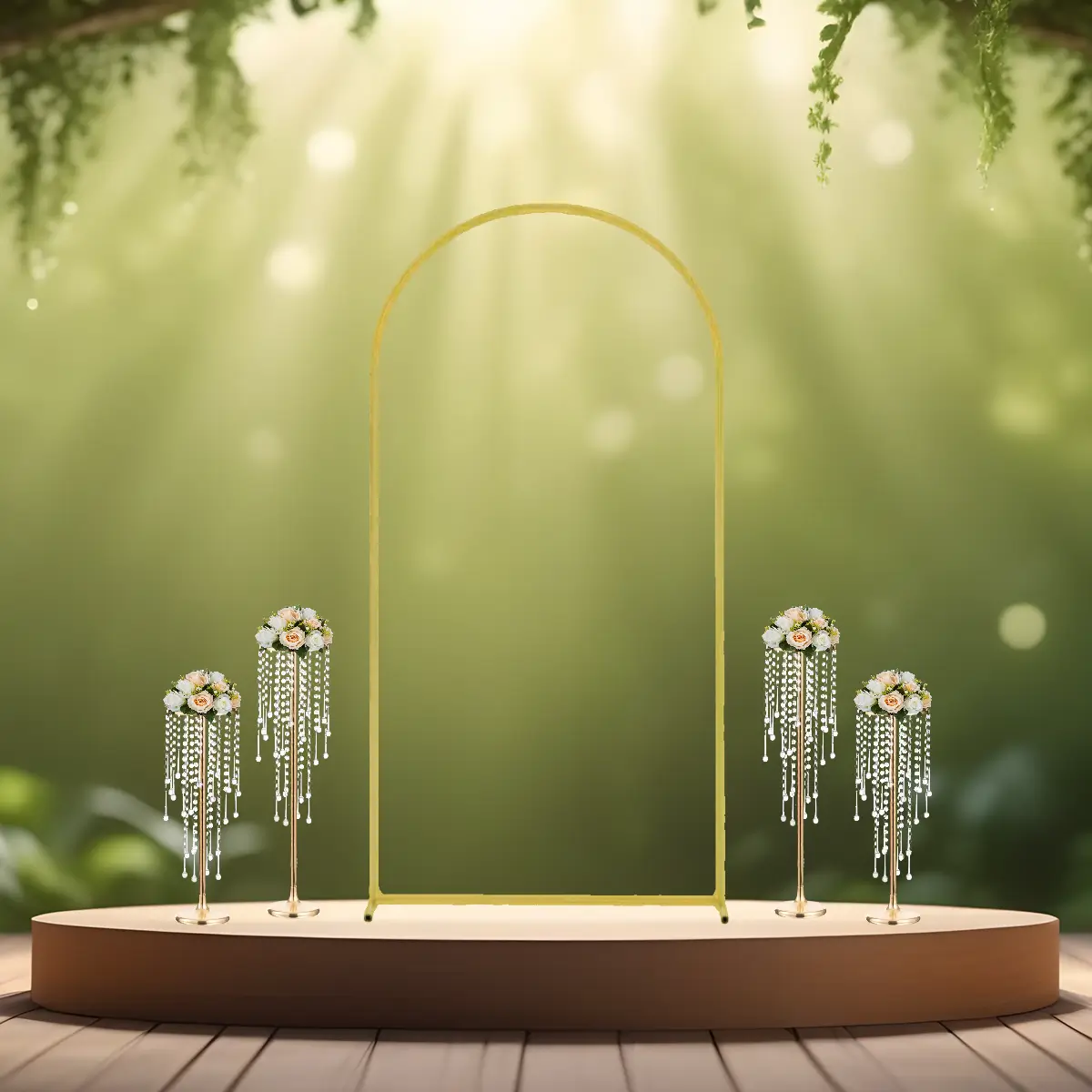 guld stativ med akryl krystaller 55 og 75 cm m champ blomster på podie (1) lej Centerpiece stativ med akryl krystaller | Guld dekorationsstativ | 55 og 75 cm med bue og champagne blomster
